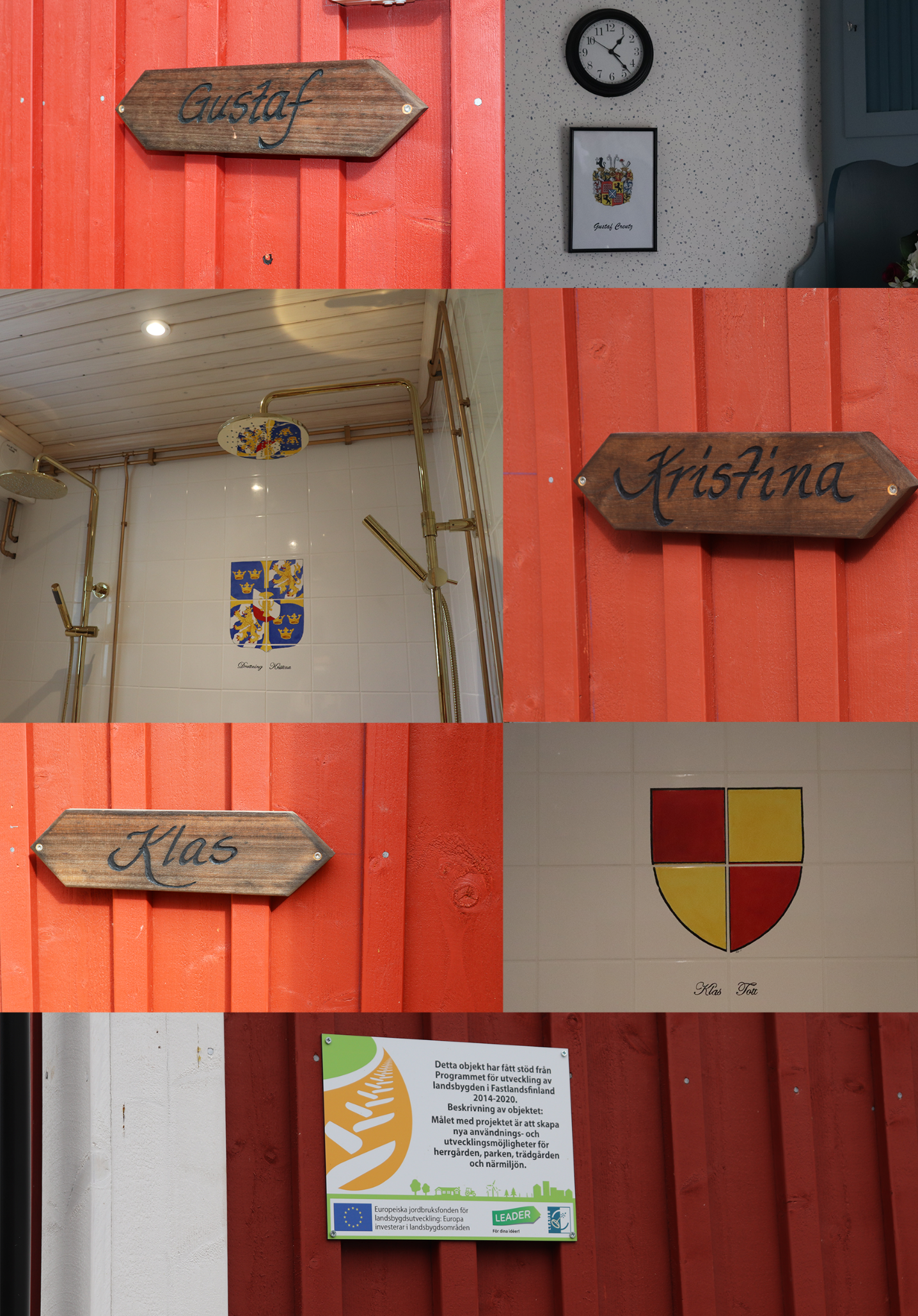 Usean kuvan kollaasi saunatiloista. Kuvassa kyltit, joissa lukee Gustaf, Kristina ja Klas. Kuva kylpyhuoneesta, jossa on kultaiset suihkut ja vaakuna seinässä.
